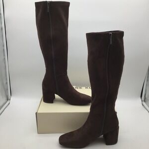Anne Klein Lacey Brown Suede Tall Block Heel Square Toe Boots Womens 7.5 NEW